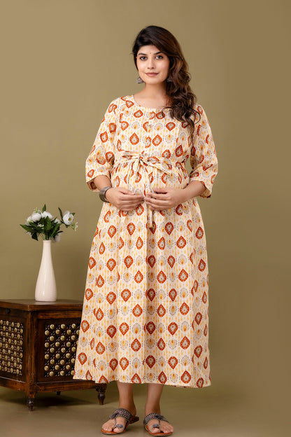 Fab Off White Printed Maternity Dress For Women | LASVINI - Redefining Indian Fashion with Elegance