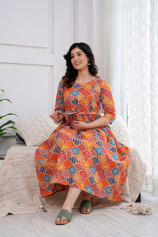 Orange Printed Maternity Dress For Women | LASVINI - Redefining Indian Fashion with Elegance