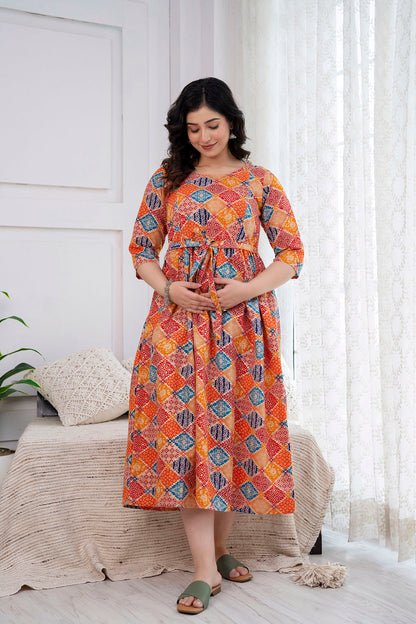 Orange Printed Maternity Dress For Women | LASVINI - Redefining Indian Fashion with Elegance