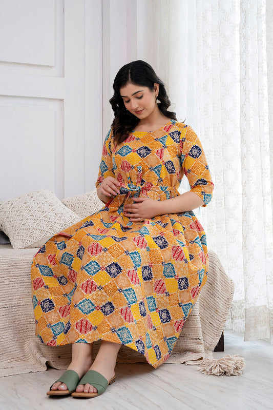 Yellow Printed Maternity Dress For Women | LASVINI - Redefining Indian Fashion with Elegance
