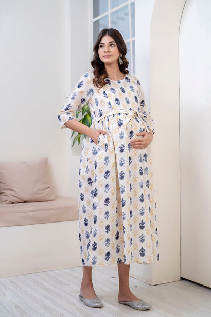 Women Off White Printed Flared Maternity Dress | LASVINI - Redefining Indian Fashion with Elegance