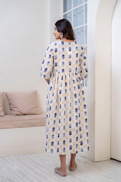 Women Off White Printed Flared Maternity Dress | LASVINI - Redefining Indian Fashion with Elegance