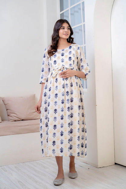 Women Off White Printed Flared Maternity Dress | LASVINI - Redefining Indian Fashion with Elegance