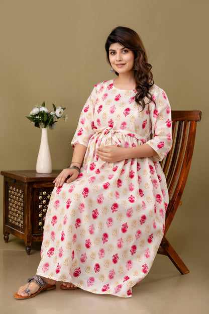 Women Off White Printed Flared Maternity Dress | LASVINI - Redefining Indian Fashion with Elegance