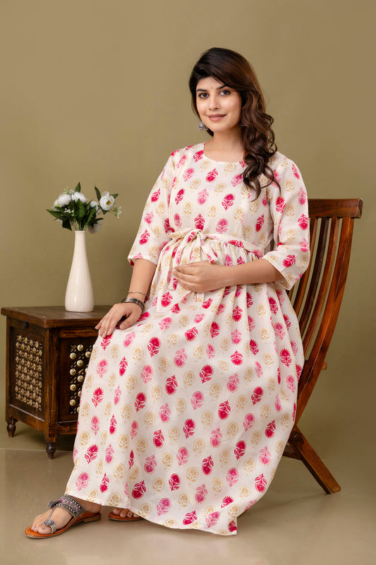 Women Off White Printed Flared Maternity Dress | LASVINI - Redefining Indian Fashion with Elegance