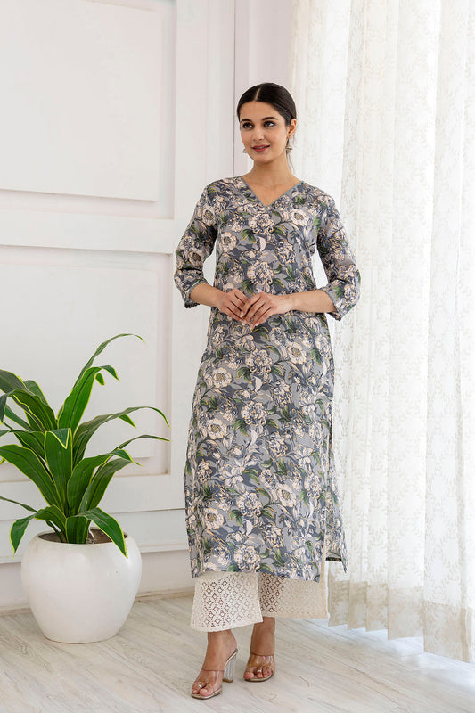 Women Grey Printed Straight V-Neck Kurta | LASVINI - Redefining Indian Fashion with Elegance