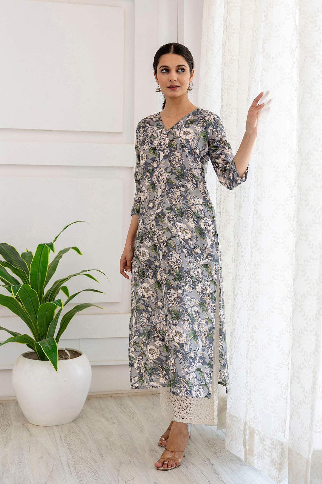 Women Grey Printed Straight V-Neck Kurta | LASVINI - Redefining Indian Fashion with Elegance
