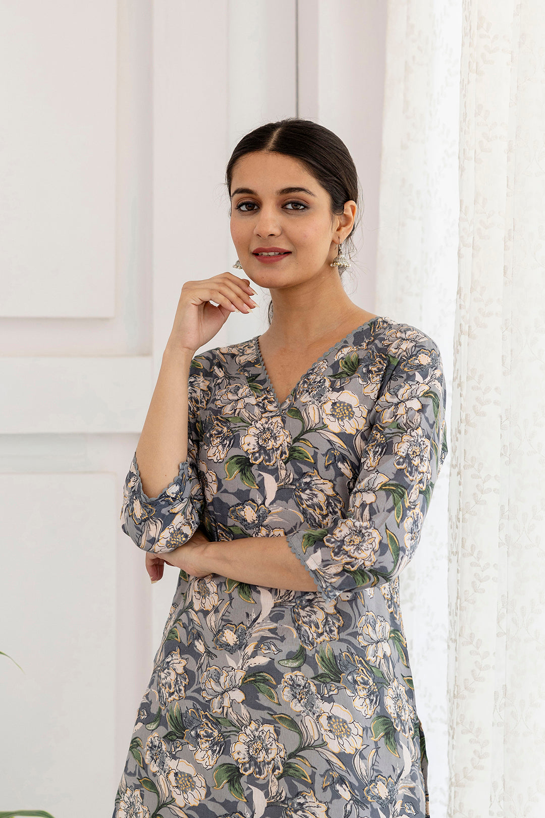 Women Grey Printed Straight V-Neck Kurta | LASVINI - Redefining Indian Fashion with Elegance