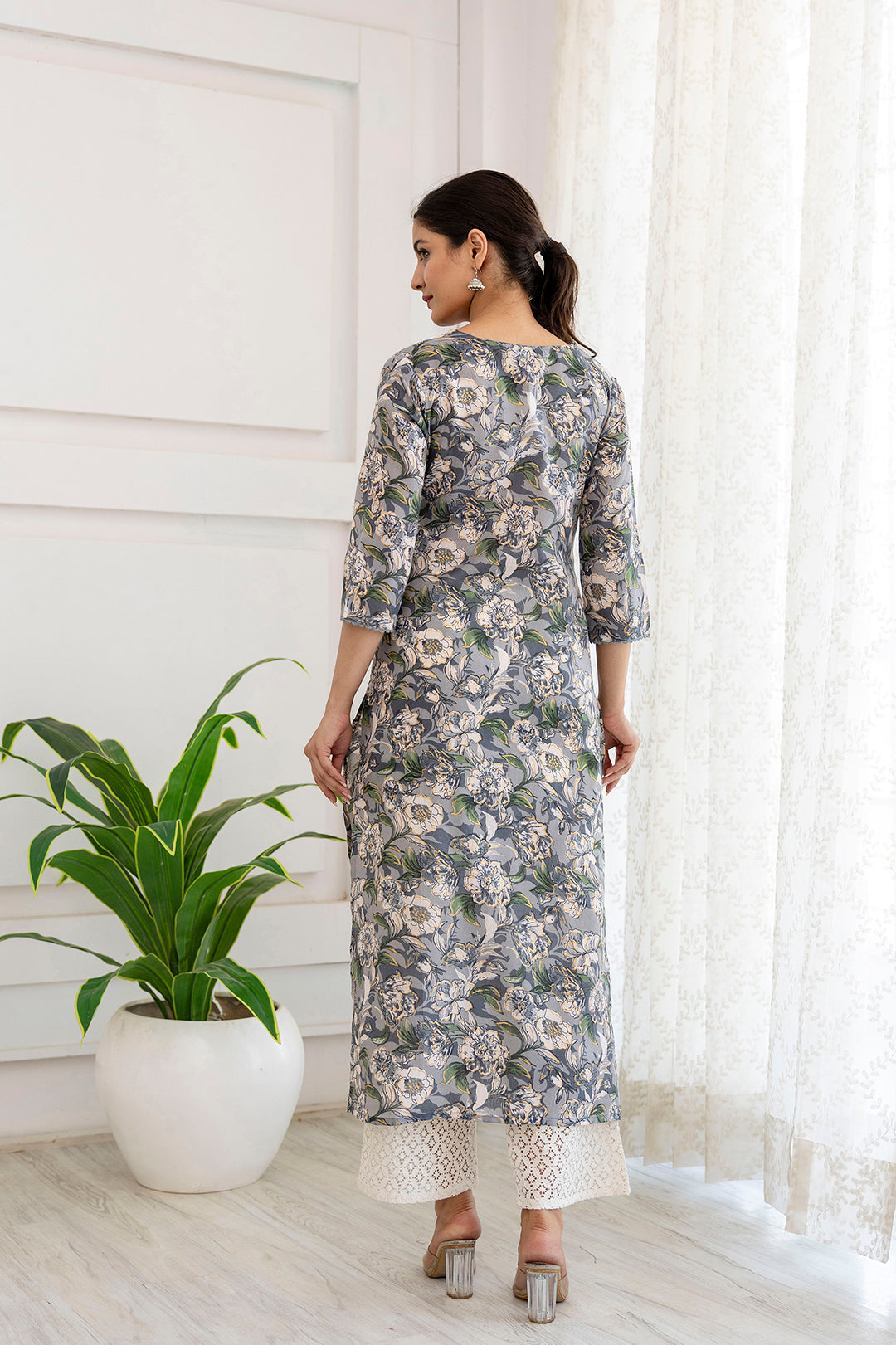 Women Grey Printed Straight V-Neck Kurta | LASVINI - Redefining Indian Fashion with Elegance