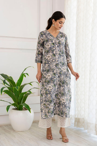 Women Grey Printed Straight V-Neck Kurta | LASVINI - Redefining Indian Fashion with Elegance