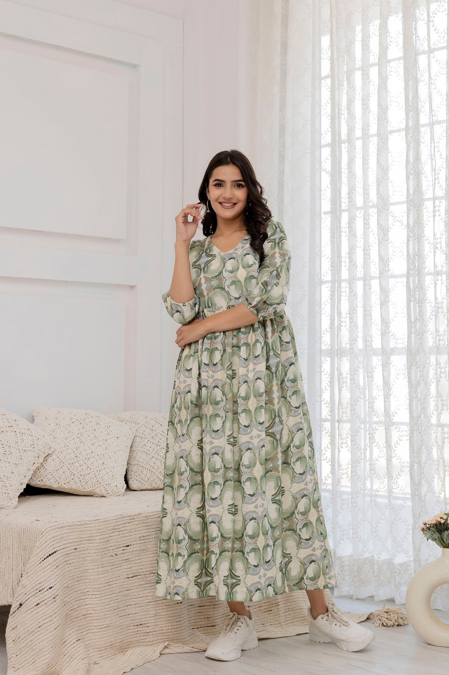 Women Green Abstract Printed Flared Dress | LASVINI - Redefining Indian Fashion with Elegance