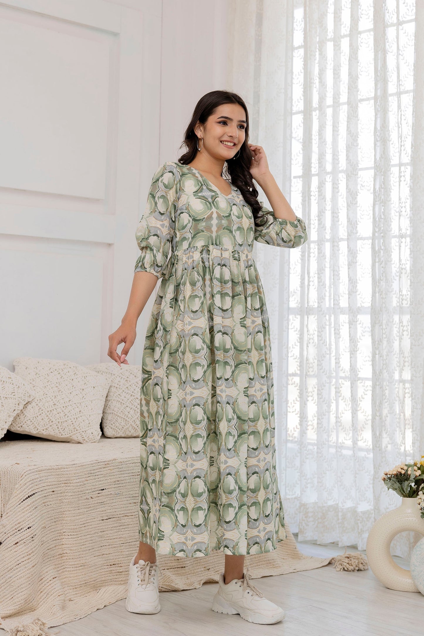 Women Green Abstract Printed Flared Dress | LASVINI - Redefining Indian Fashion with Elegance