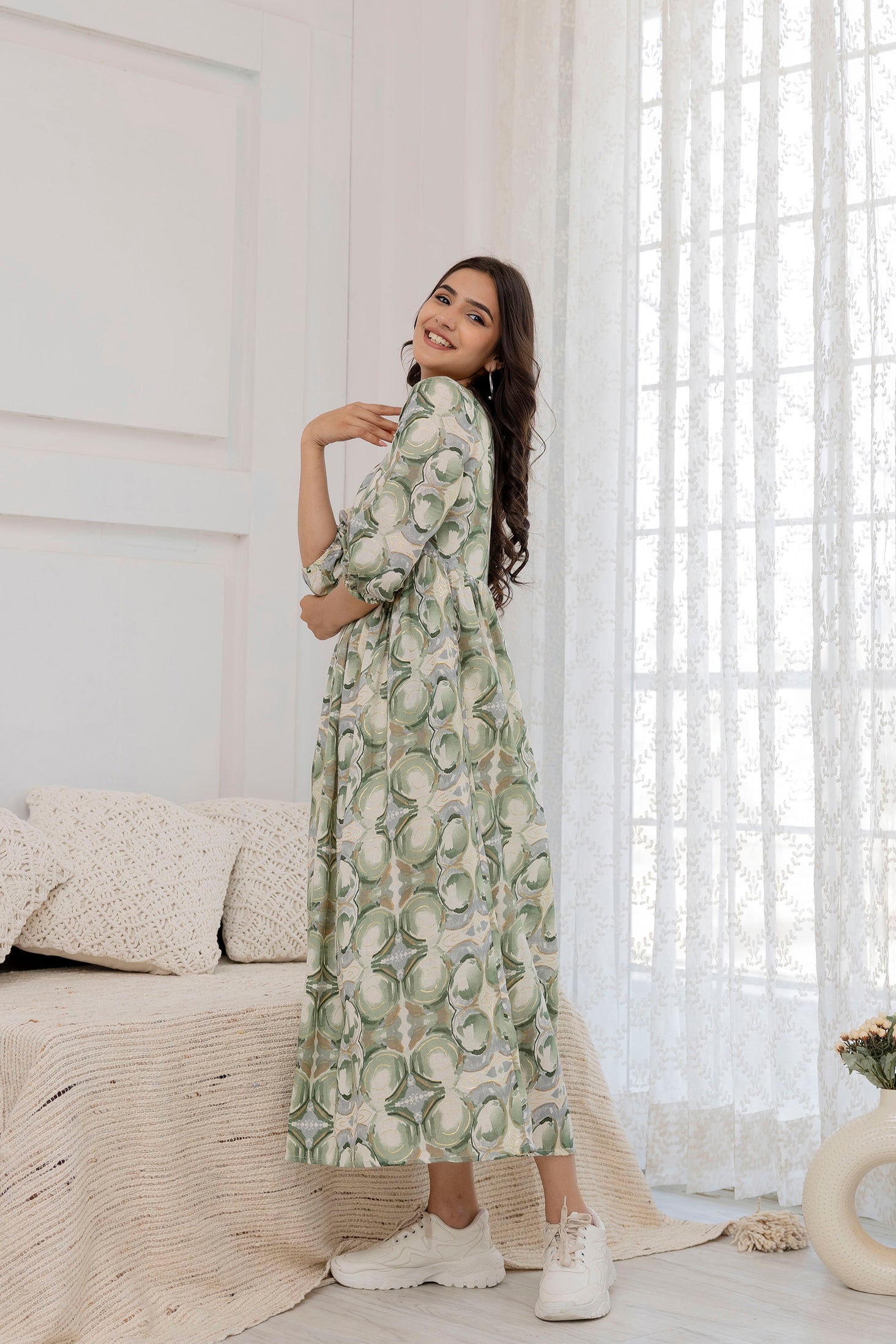 Women Green Abstract Printed Flared Dress | LASVINI - Redefining Indian Fashion with Elegance