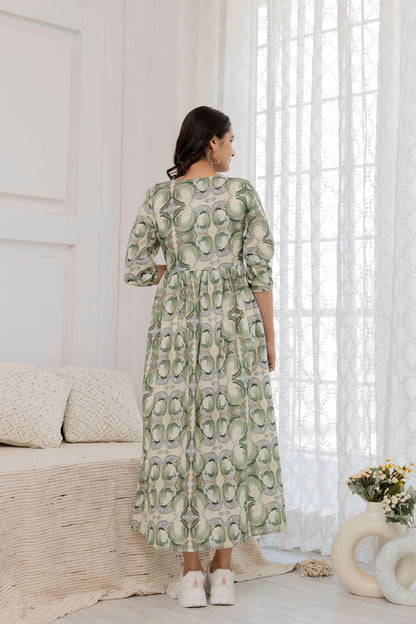 Women Green Abstract Printed Flared Dress | LASVINI - Redefining Indian Fashion with Elegance