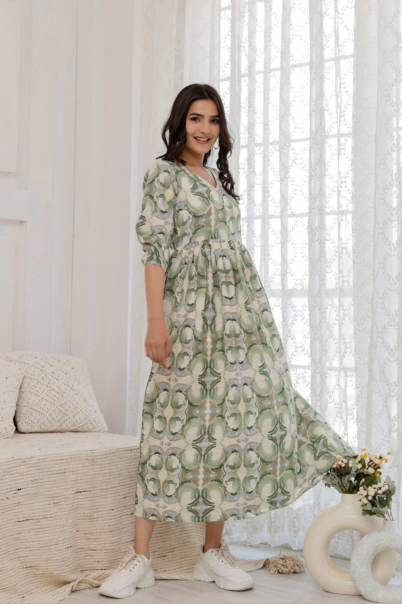 Women Green Abstract Printed Flared Dress | LASVINI - Redefining Indian Fashion with Elegance