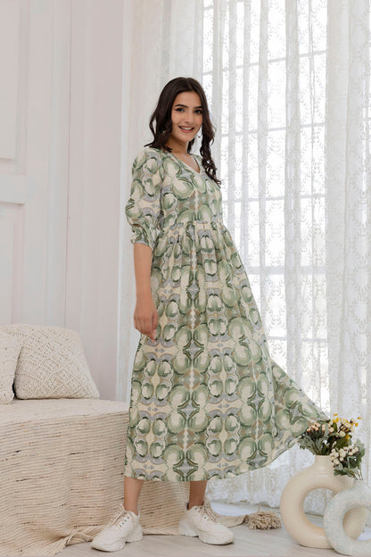 Women Green Abstract Printed Flared Dress | LASVINI - Redefining Indian Fashion with Elegance