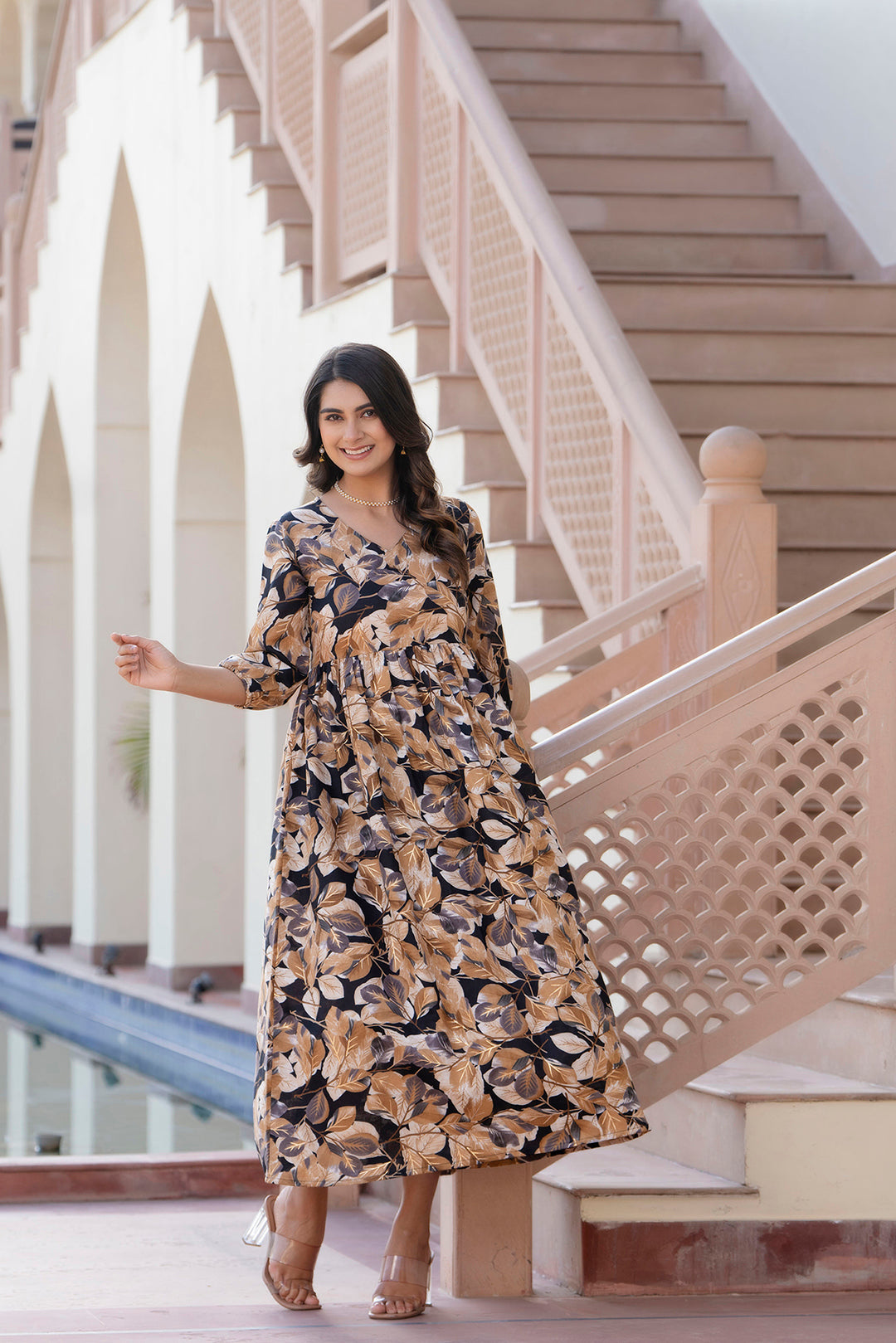 Women Black Abstract Printed Flared Dress | LASVINI - Redefining Indian Fashion with Elegance