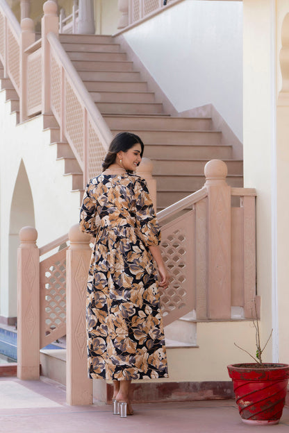 Women Black Abstract Printed Flared Dress | LASVINI - Redefining Indian Fashion with Elegance