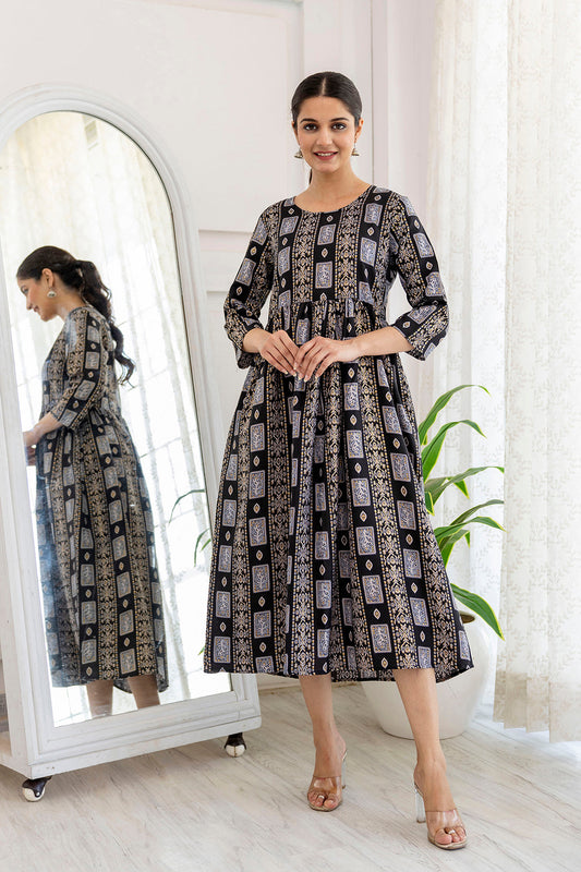 Women Black Ethnic Printed Flared Dress | LASVINI - Redefining Indian Fashion with Elegance