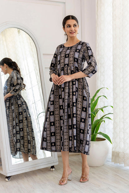 Women Black Ethnic Printed Flared Dress | LASVINI - Redefining Indian Fashion with Elegance