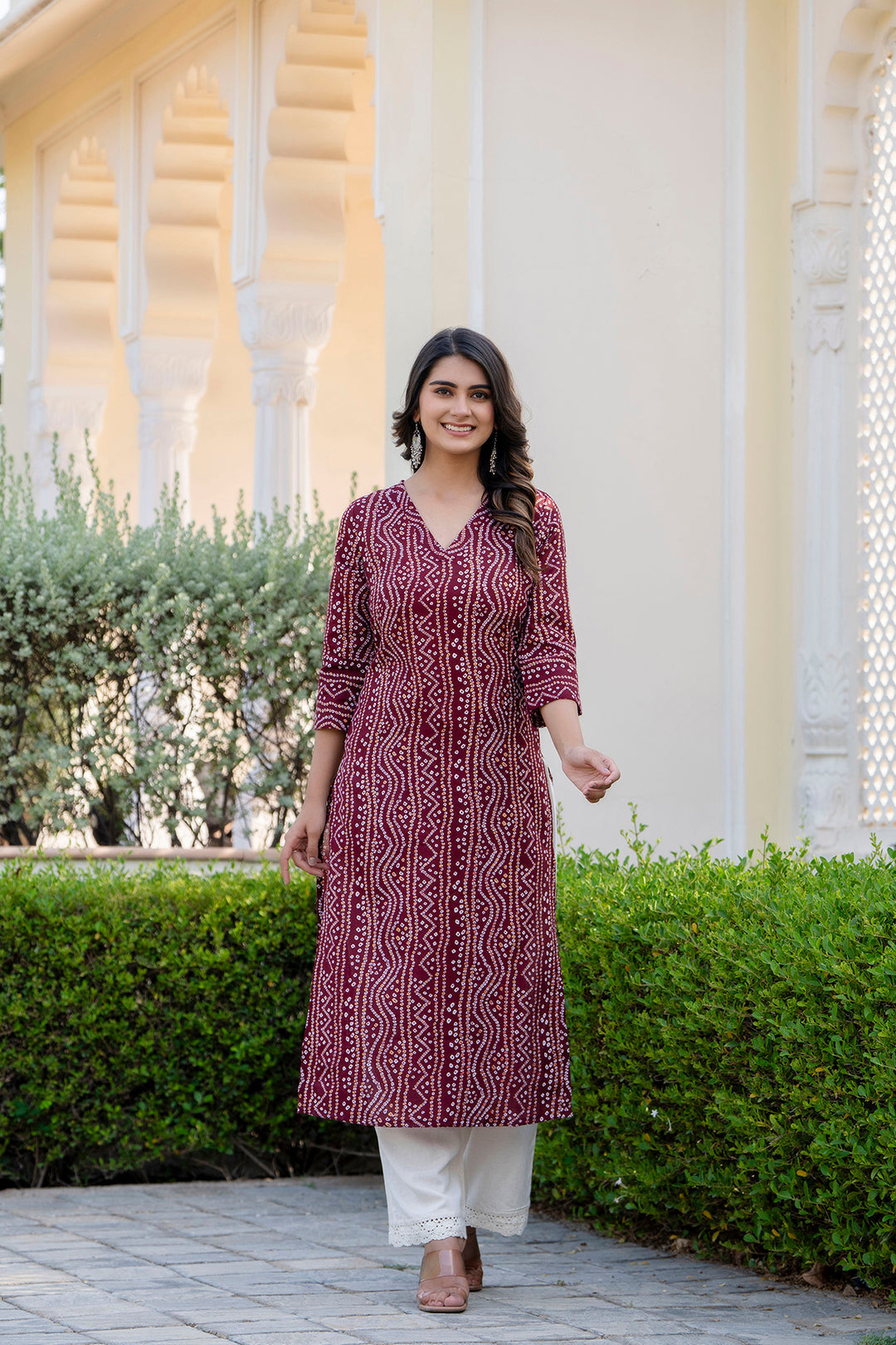 Women Maroon Printed Straight Kurta With Three Quarter Sleeves | LASVINI - Redefining Indian Fashion with Elegance