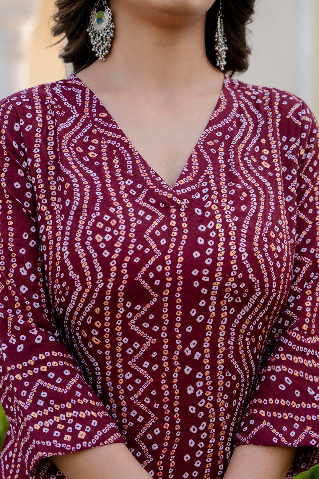 Women Maroon Printed Straight Kurta With Three Quarter Sleeves | LASVINI - Redefining Indian Fashion with Elegance