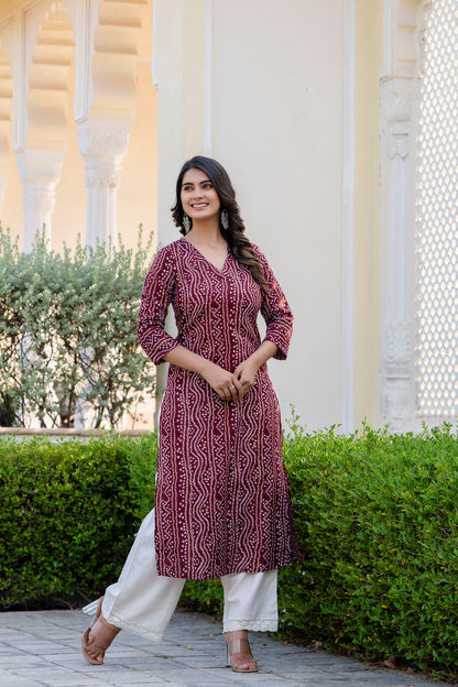 Women Maroon Printed Straight Kurta With Three Quarter Sleeves | LASVINI - Redefining Indian Fashion with Elegance