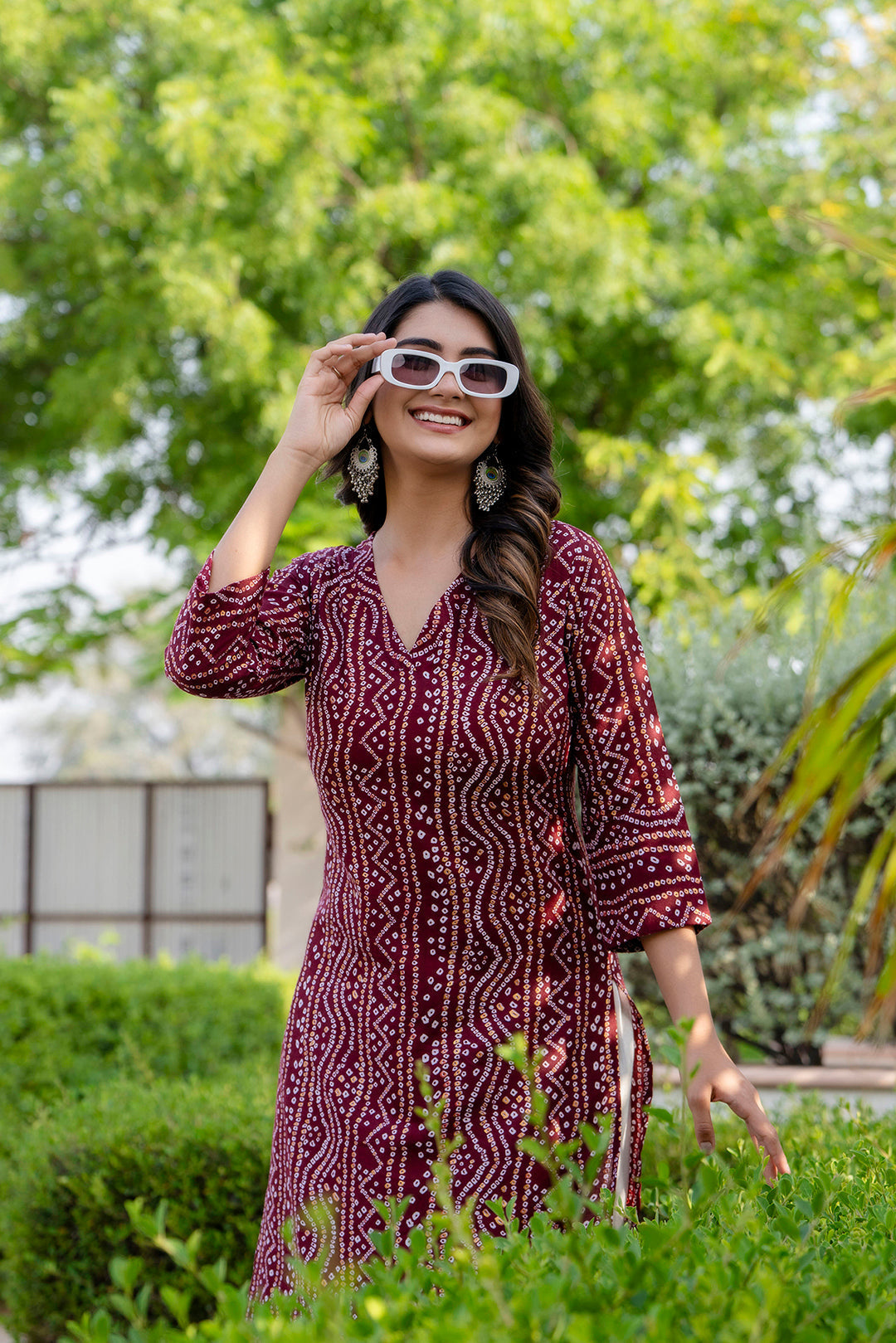 Women Maroon Printed Straight Kurta With Three Quarter Sleeves | LASVINI - Redefining Indian Fashion with Elegance
