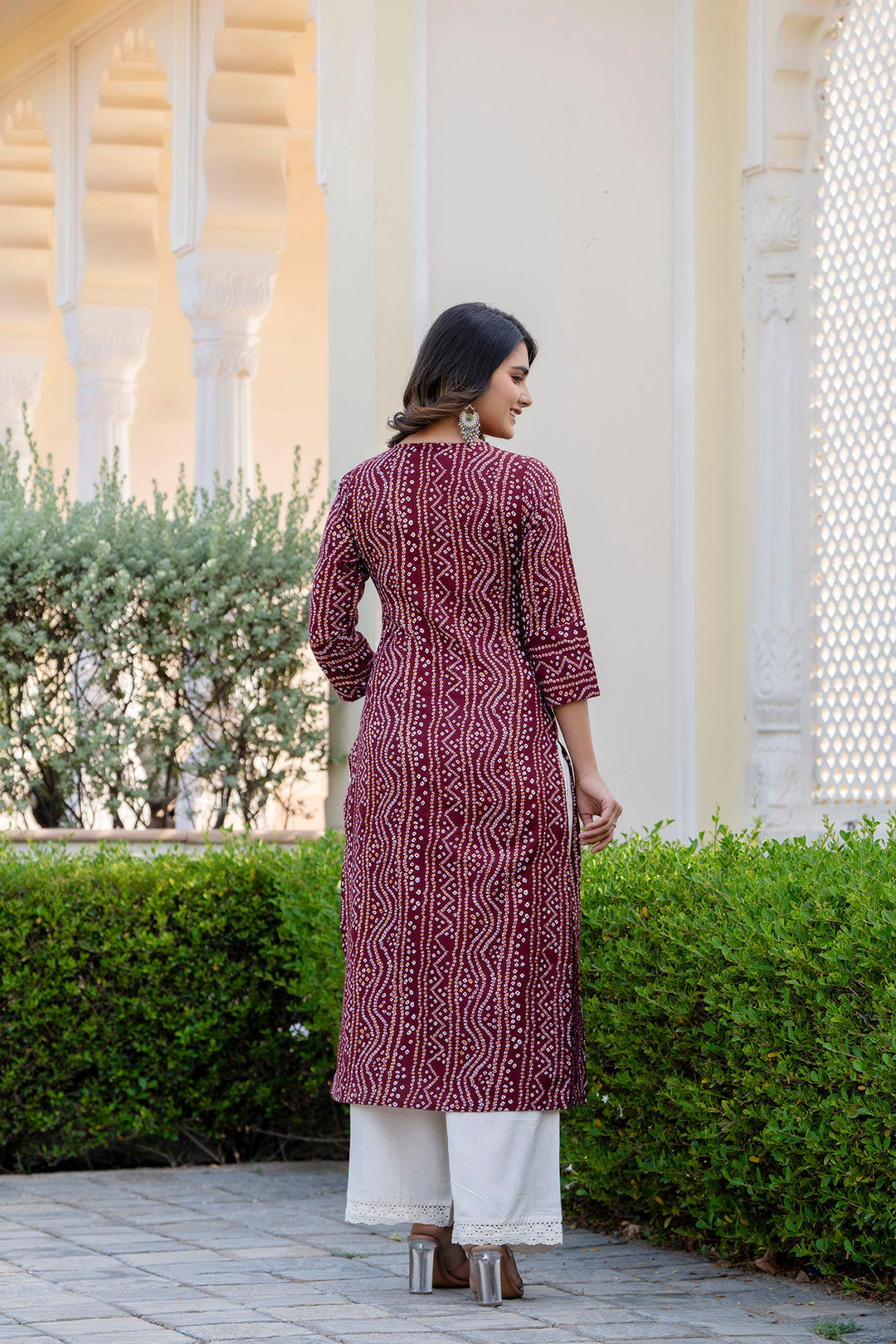 Women Maroon Printed Straight Kurta With Three Quarter Sleeves | LASVINI - Redefining Indian Fashion with Elegance