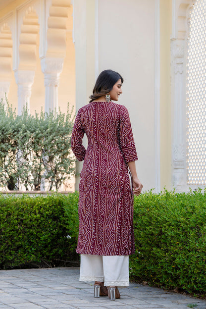 Women Maroon Printed Straight Kurta With Three Quarter Sleeves | LASVINI - Redefining Indian Fashion with Elegance