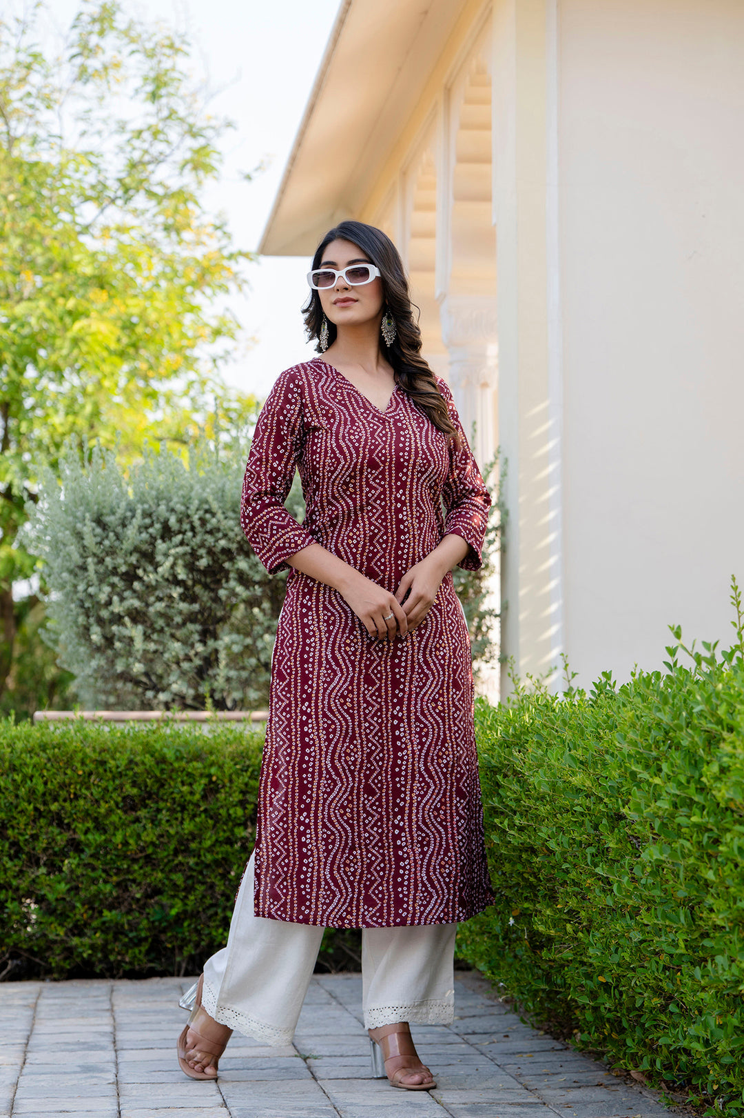 Women Maroon Printed Straight Kurta With Three Quarter Sleeves | LASVINI - Redefining Indian Fashion with Elegance