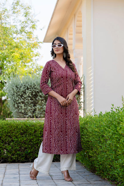 Women Maroon Printed Straight Kurta With Three Quarter Sleeves | LASVINI - Redefining Indian Fashion with Elegance