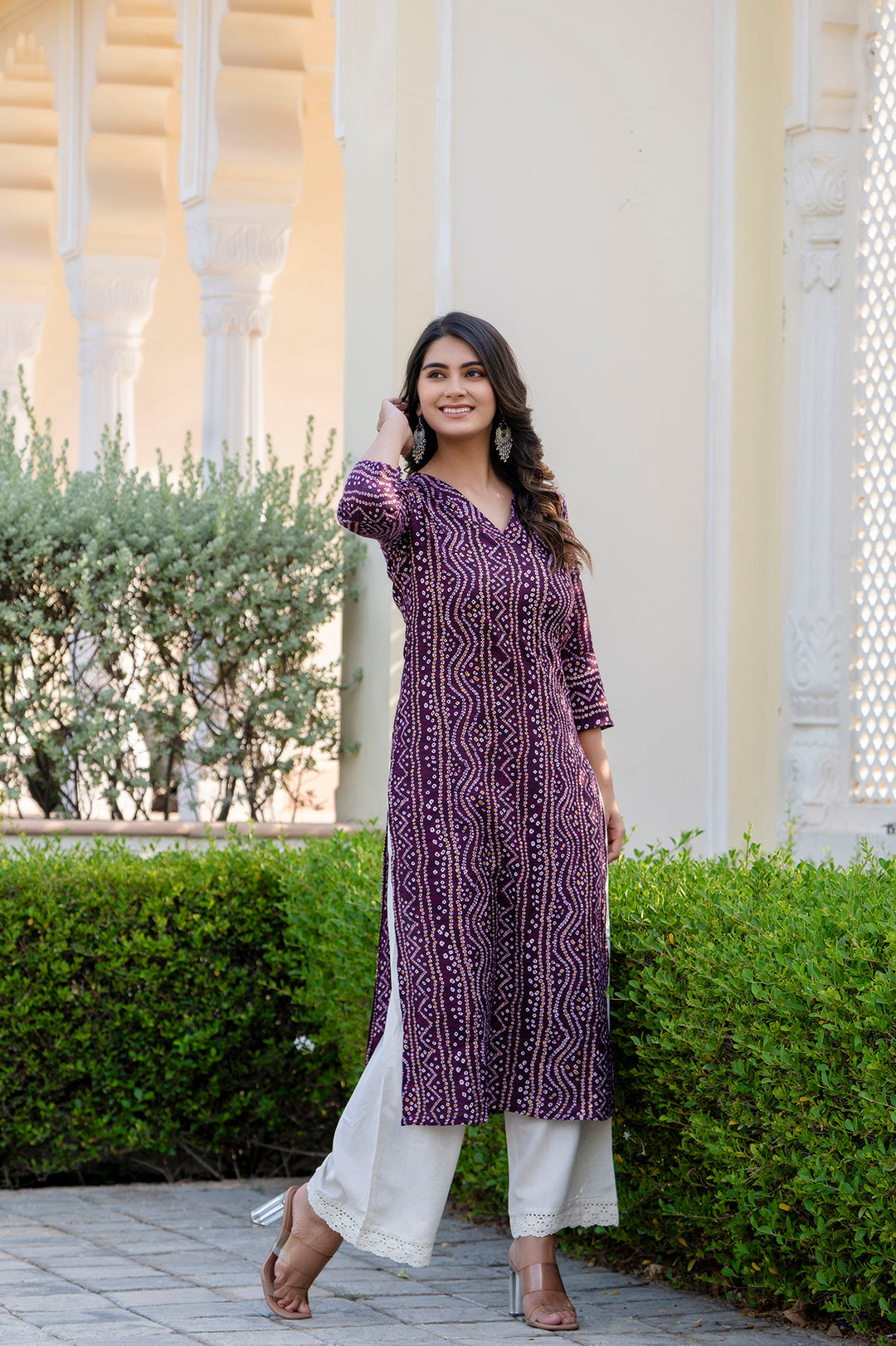 Women Burgundy Printed Straight Kurta With Three Quarter Sleeves | LASVINI - Redefining Indian Fashion with Elegance