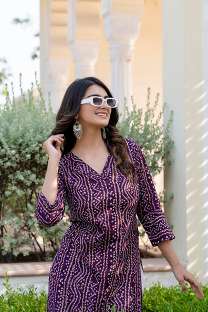 Women Burgundy Printed Straight Kurta With Three Quarter Sleeves | LASVINI - Redefining Indian Fashion with Elegance