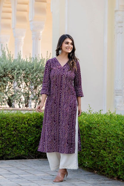 Women Burgundy Printed Straight Kurta With Three Quarter Sleeves | LASVINI - Redefining Indian Fashion with Elegance