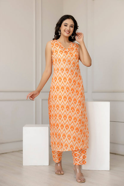 Women Orange Color Printed Straight Kurta With Trouser | LASVINI - Redefining Indian Fashion with Elegance