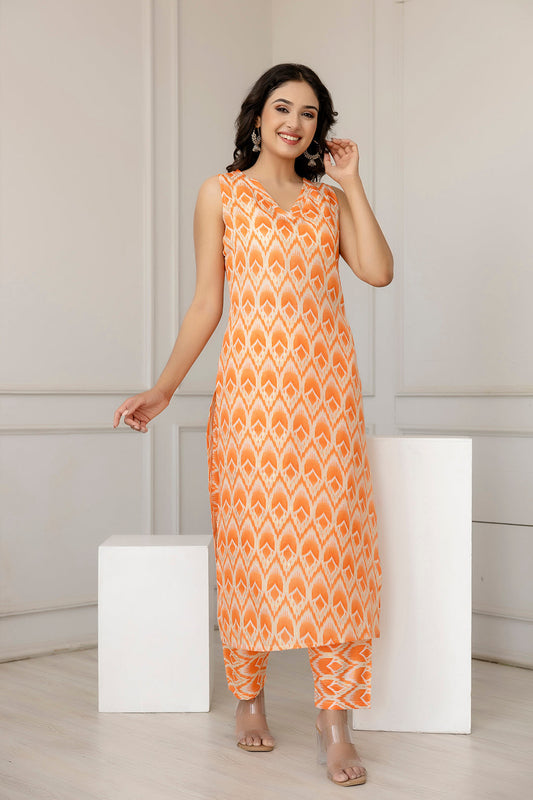 Women Orange Color Printed Straight Kurta With Trouser | LASVINI - Redefining Indian Fashion with Elegance