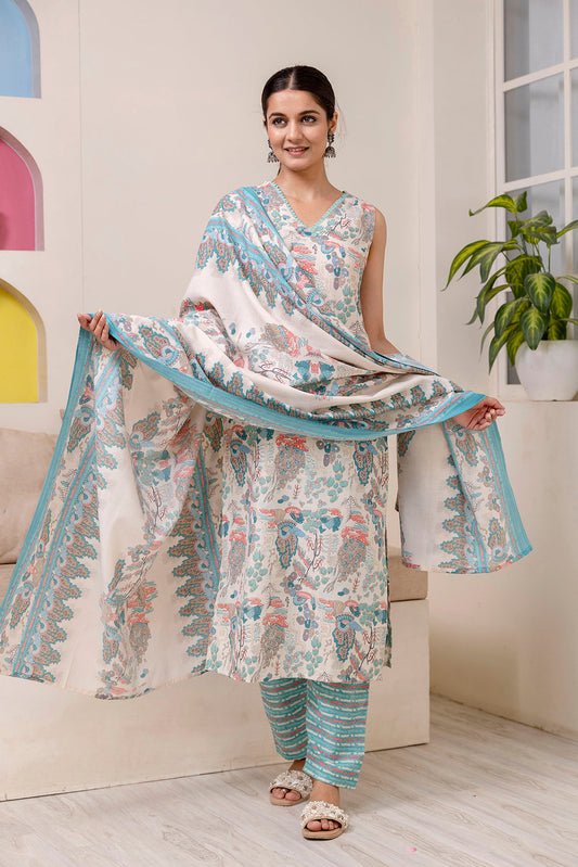 Women Off White Printed Straight Kurta With Trouser And Dupatta | LASVINI - Redefining Indian Fashion with Elegance