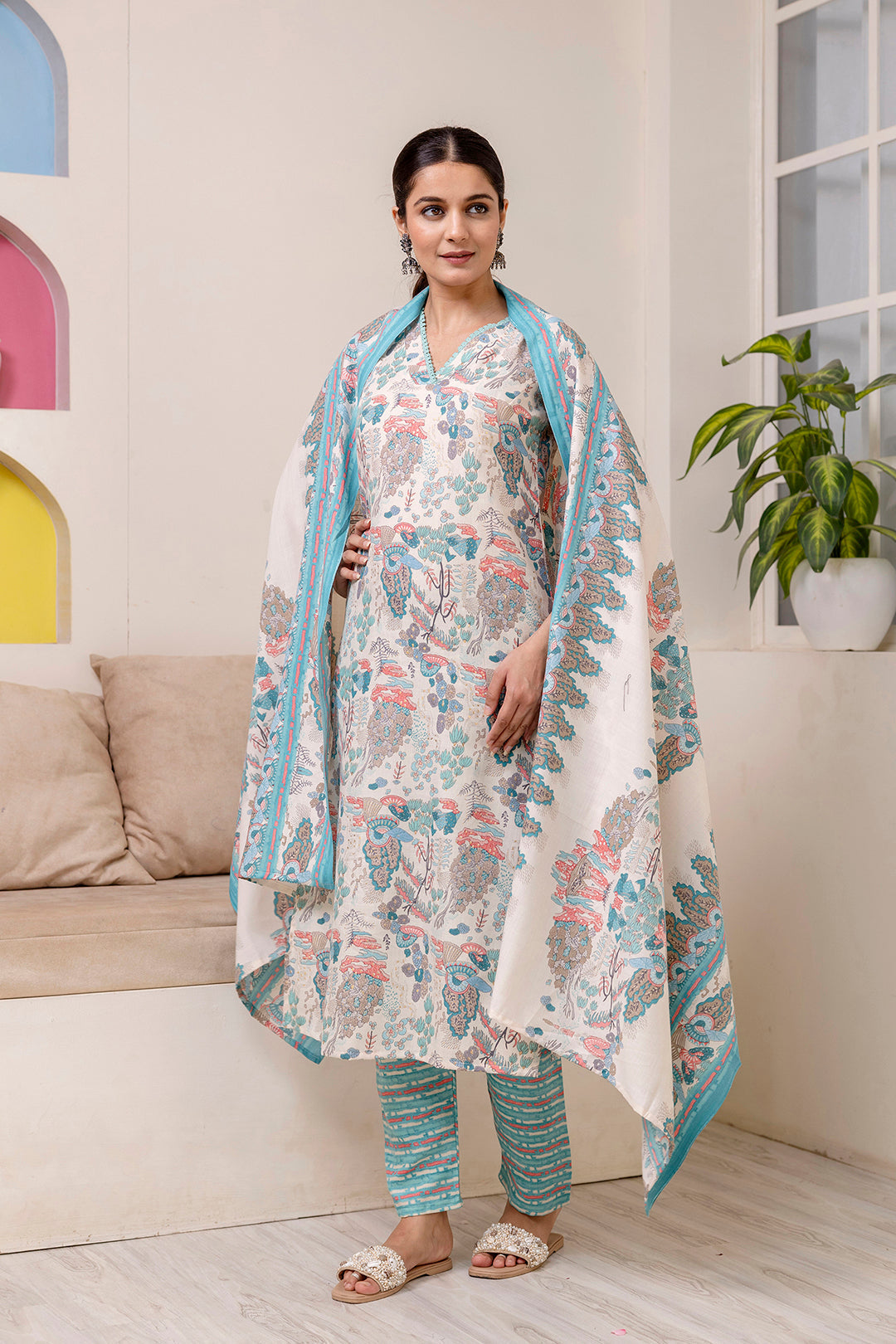 Women Off White Printed Straight Kurta With Trouser And Dupatta | LASVINI - Redefining Indian Fashion with Elegance