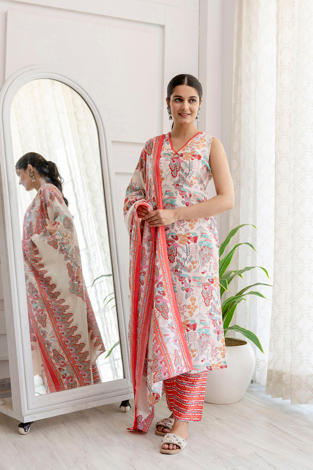 Women Off White Printed Straight Kurta With Trouser And Dupatta | LASVINI - Redefining Indian Fashion with Elegance