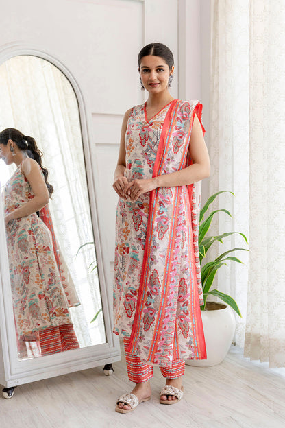 Women Off White Printed Straight Kurta With Trouser And Dupatta | LASVINI - Redefining Indian Fashion with Elegance