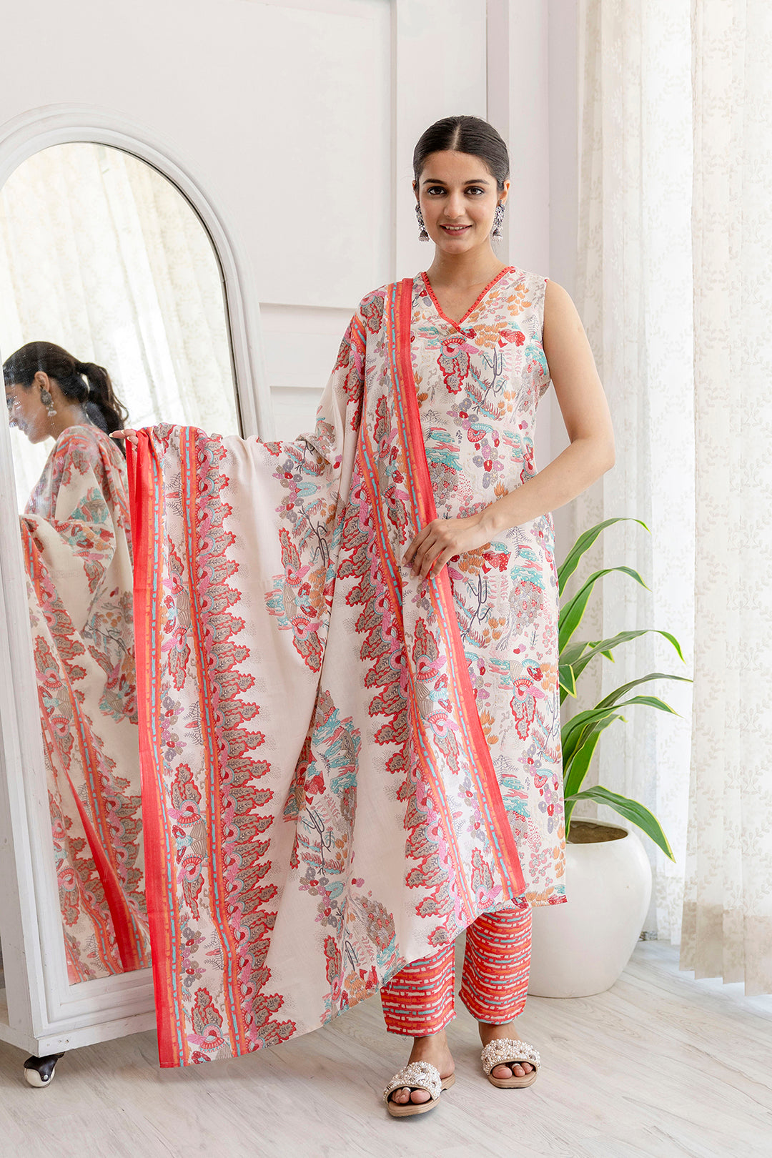 Women Off White Printed Straight Kurta With Trouser And Dupatta | LASVINI - Redefining Indian Fashion with Elegance