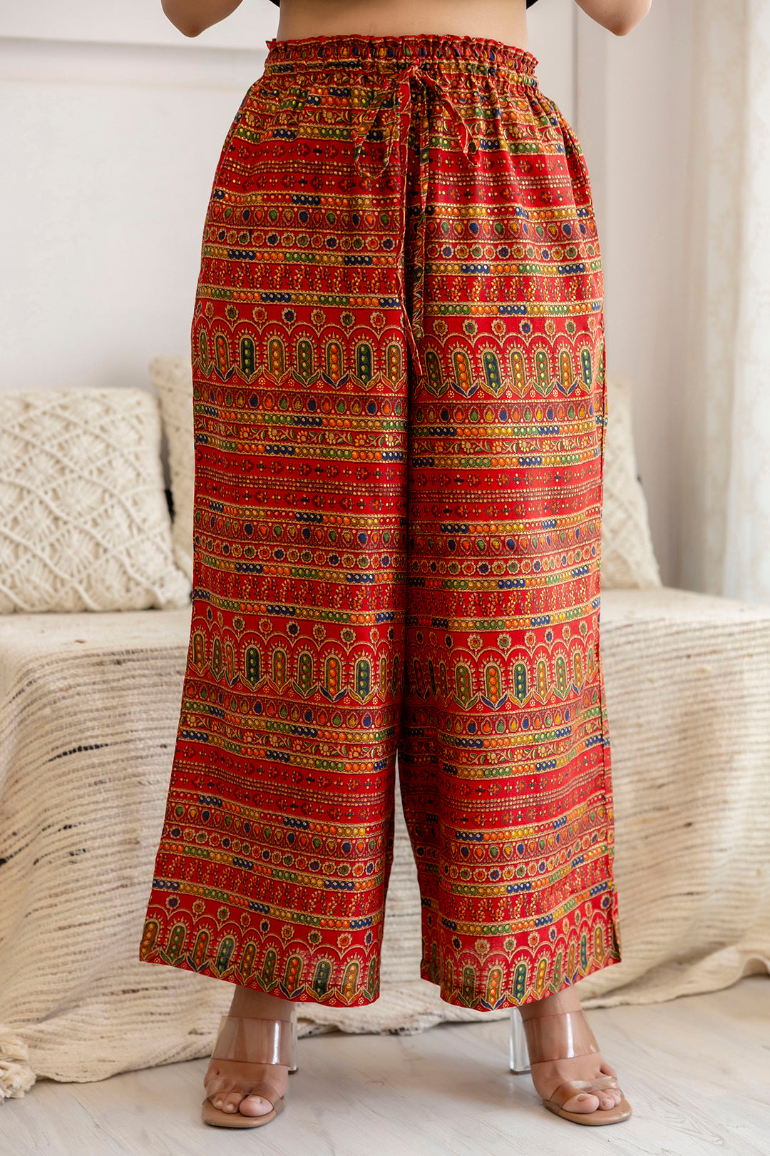 Women Red Printed Straight Palazzo | LASVINI - Redefining Indian Fashion with Elegance