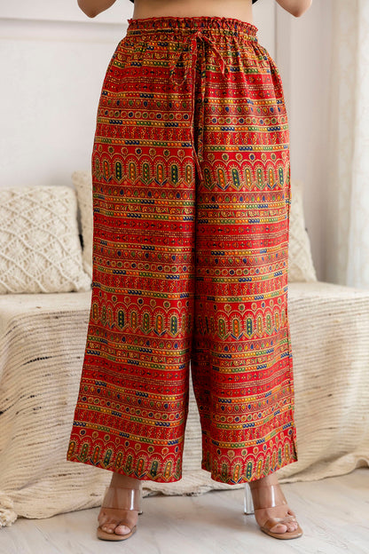 Women Red Printed Straight Palazzo | LASVINI - Redefining Indian Fashion with Elegance
