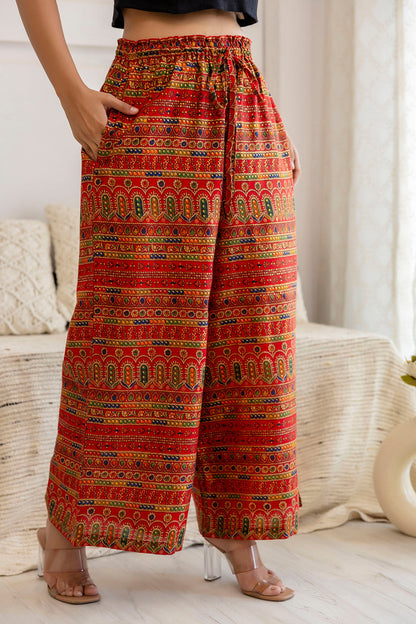 Women Red Printed Straight Palazzo | LASVINI - Redefining Indian Fashion with Elegance