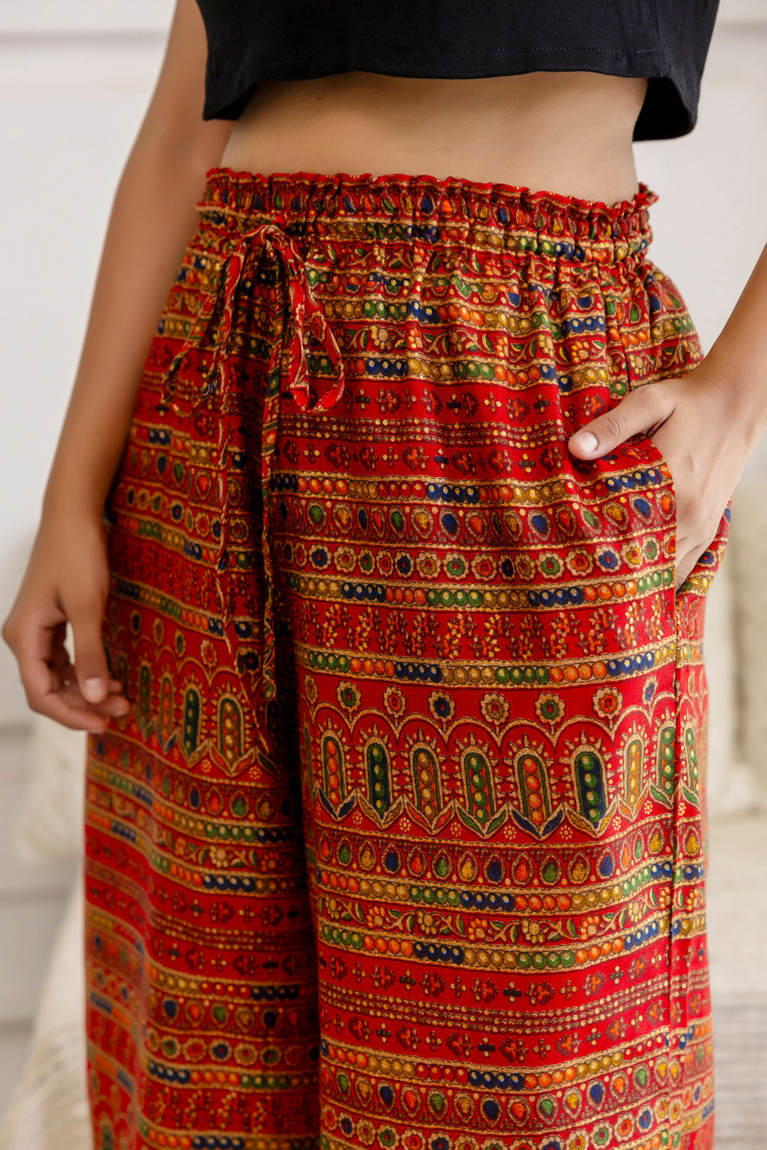 Women Red Printed Straight Palazzo | LASVINI - Redefining Indian Fashion with Elegance