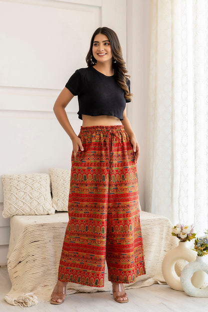 Women Red Printed Straight Palazzo | LASVINI - Redefining Indian Fashion with Elegance