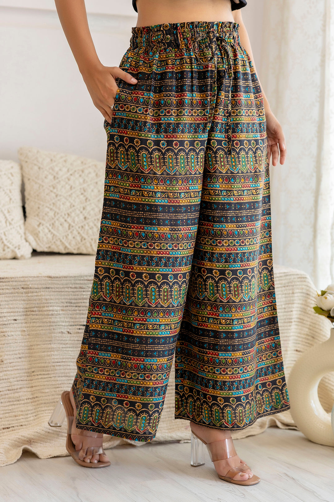 Women Black Printed Straight Palazzo | LASVINI - Redefining Indian Fashion with Elegance