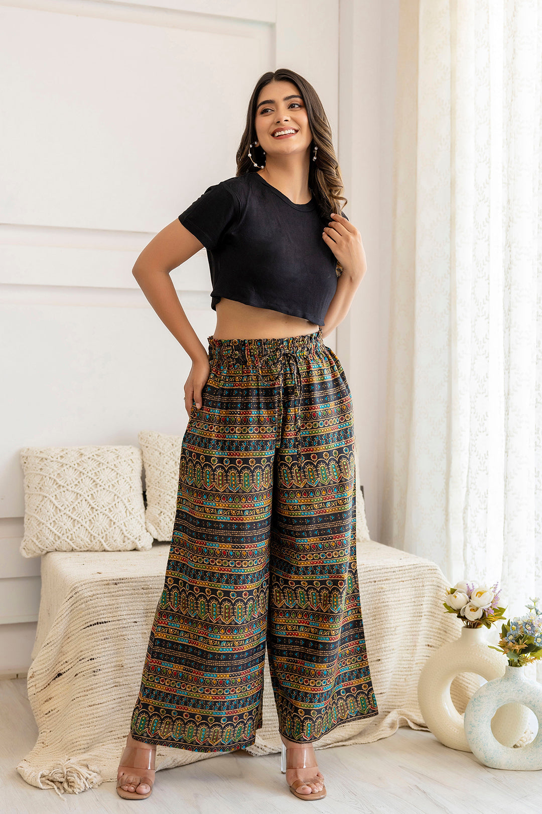 Women Black Printed Straight Palazzo | LASVINI - Redefining Indian Fashion with Elegance