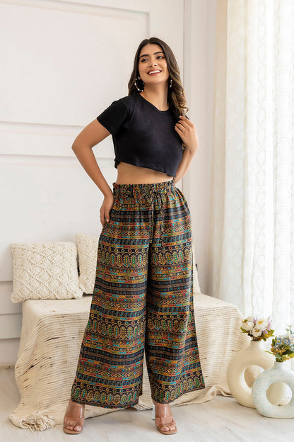 Women Black Printed Straight Palazzo | LASVINI - Redefining Indian Fashion with Elegance